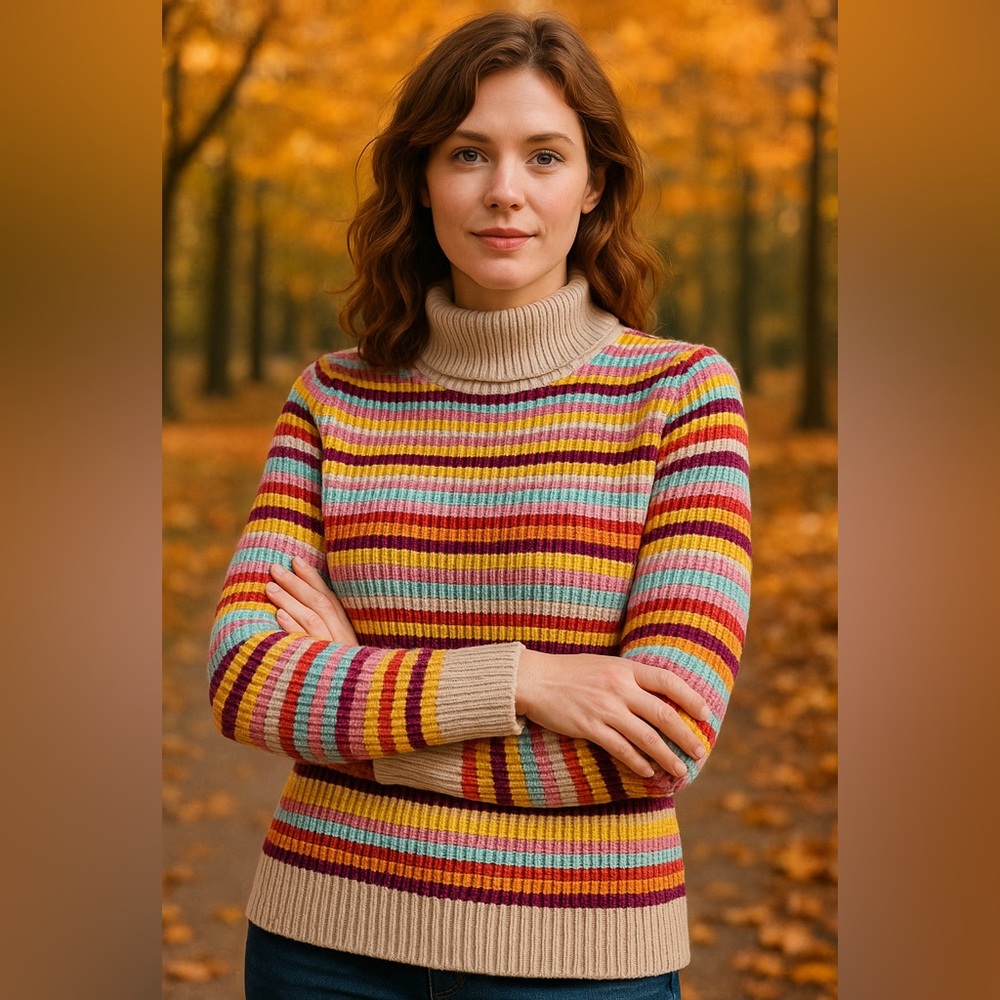 Talbots Multicolor Striped Cowl Neck Sweater - Beige, Red, Yellow, Blue, Pink